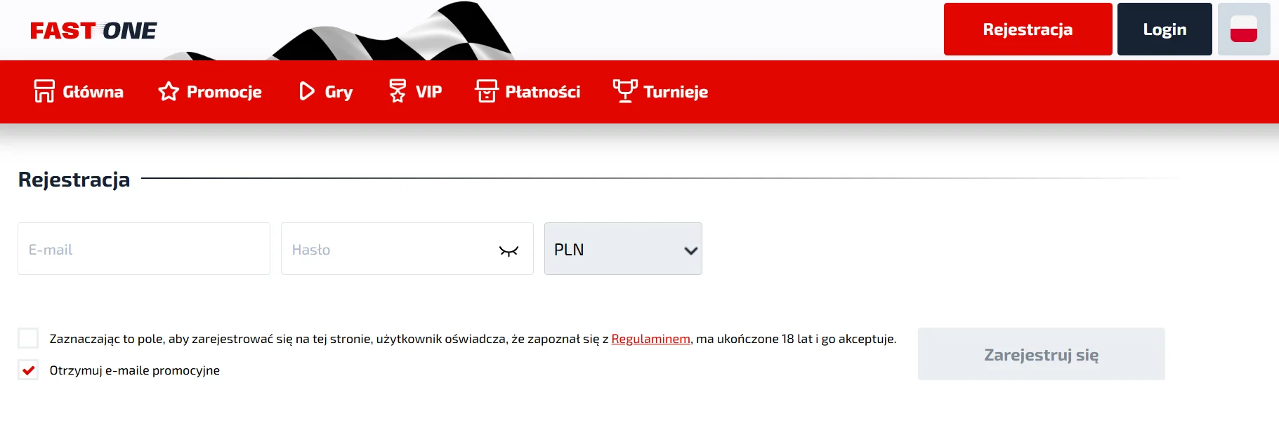Formularz rejestracji w F1 Casino